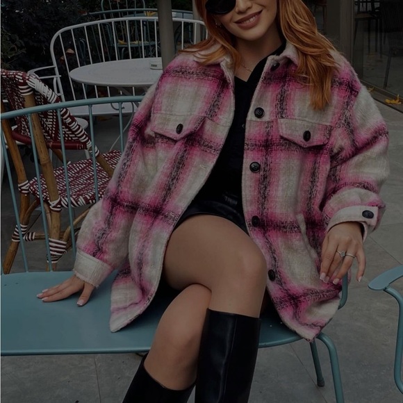 Zara pink plaid oversized shacket jacket size XS NWT - Picture 3 of 9